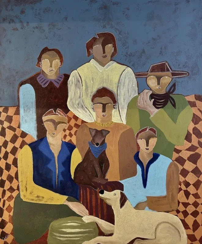 Seven stylised figures in muted blues, greens and browns gathered around a white greyhound, against a checkered backdrop.