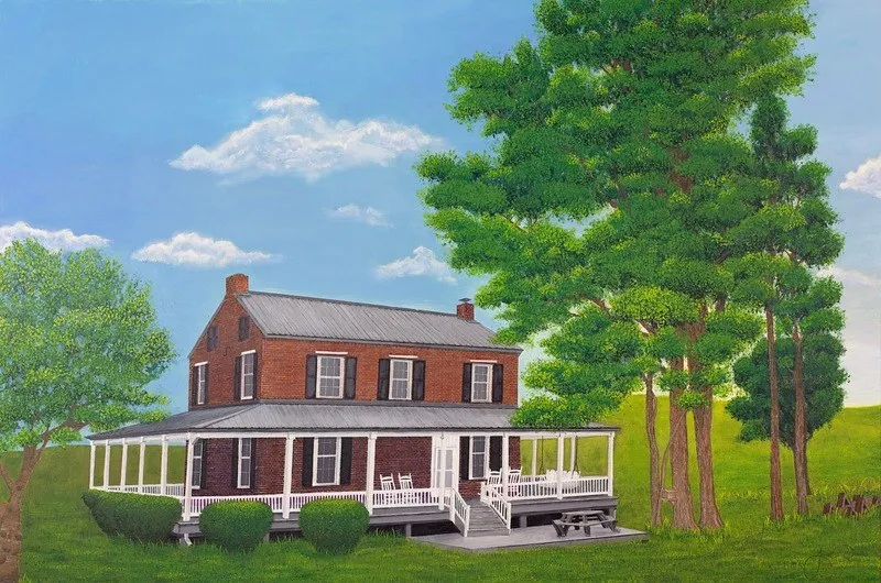A red-brick farmhouse with a white wraparound porch, painted beneath tall trees under a summer sky.