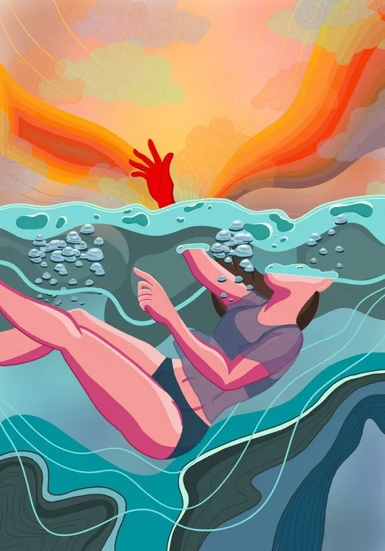 A digital painting of two figures swimming beneath a turquoise surface as a hand reaches up toward an orange sunset.